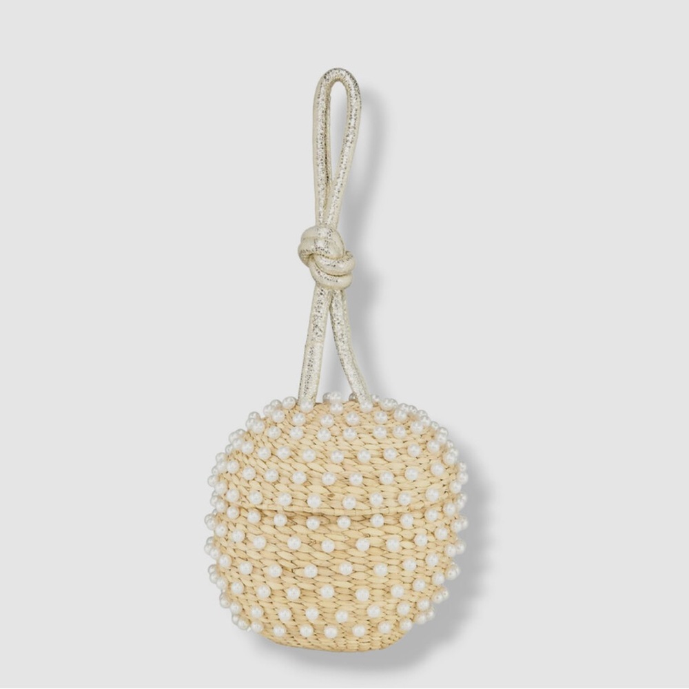 $279 Poolside Women's Beige Woven Straw Faux Pearl Disco Ball Wristlet Purse Bag